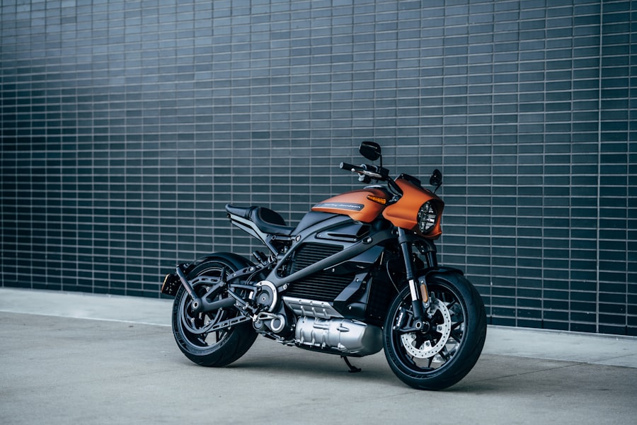 A motorcycle parked against a modern backdrop